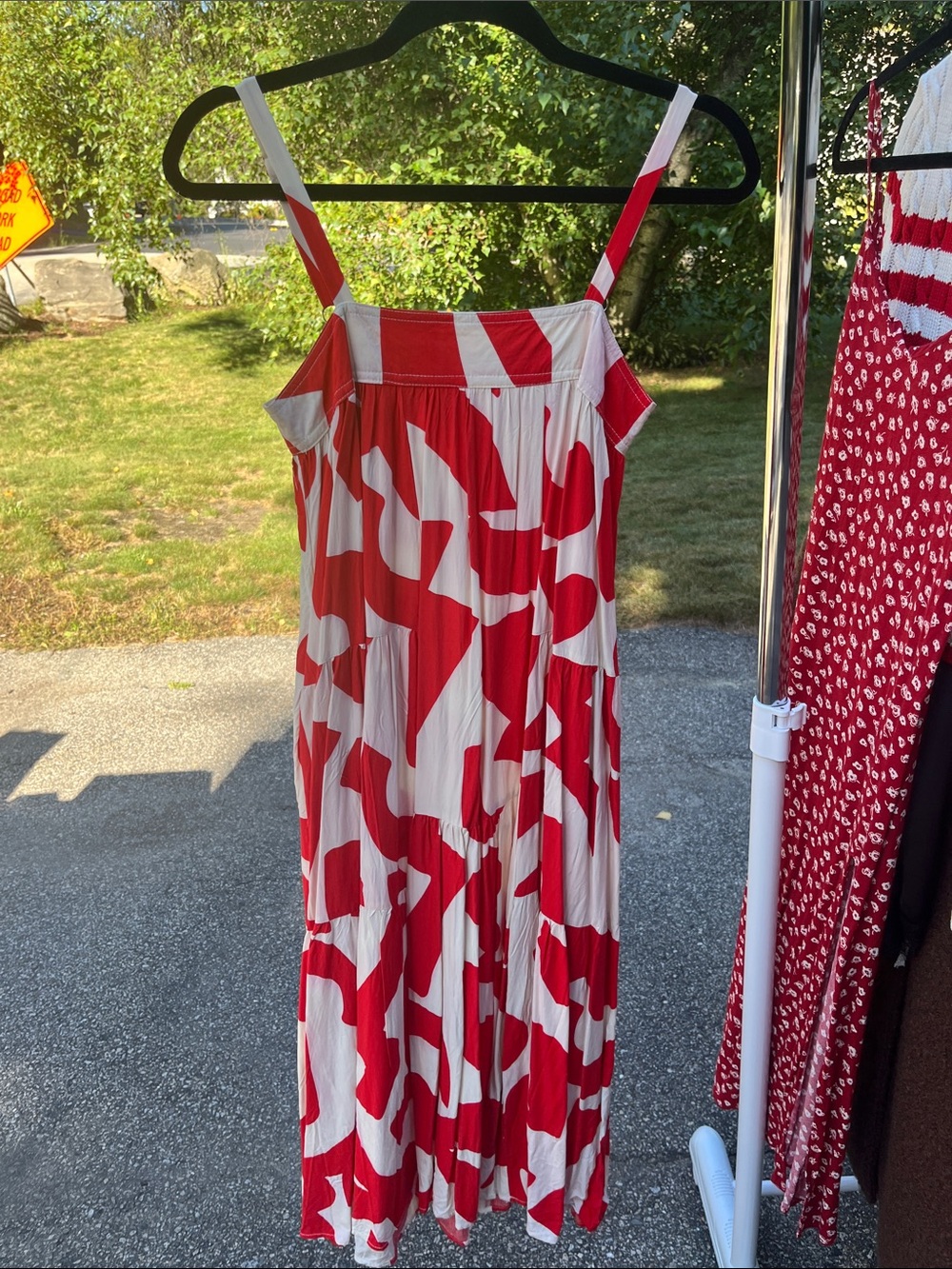 Red & White Abstract Maxi Dress with Spaghetti Straps